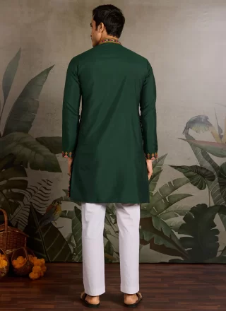 Green Silk Kurta Mens Wear with Embroidered Work