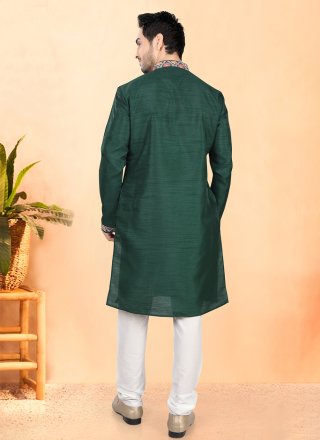 Green Silk Patch Border Work Kurta Pyjama