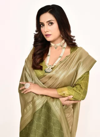 Green Silk Plain and Woven Work Trendy Saree