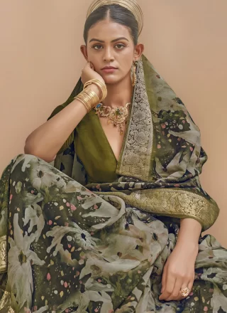 Green Silk Print and Weaving Work Traditional Saree for Women