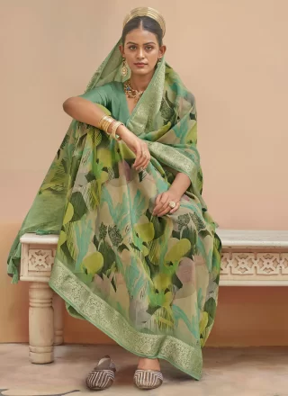 Green Silk Print and Weaving Work Trendy Saree