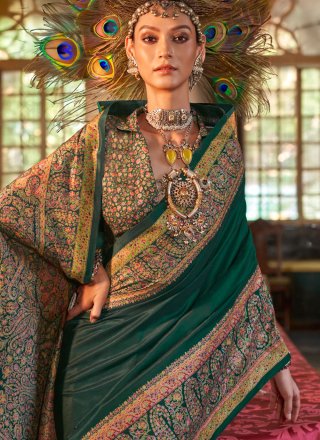Green Silk Print Work Bollywood Saree for Casual