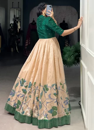 Green Silk Print Work  Designer Gown