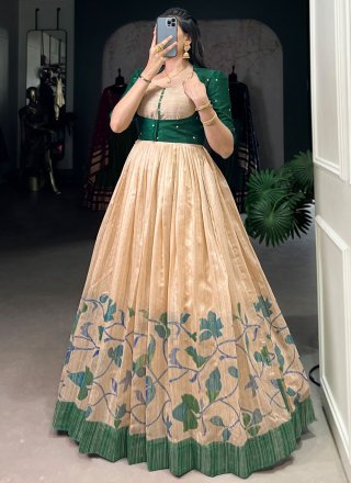 Green Silk Print Work  Designer Gown