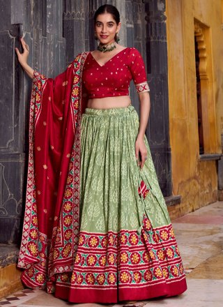 Green Silk Print Work Lehenga Choli for Ceremonial