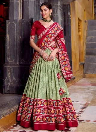 Green Silk Print Work Lehenga Choli for Ceremonial