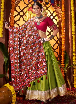 Green Silk Readymade Lehenga Choli In Plain for Ceremonial