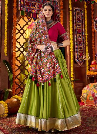 Green Silk Readymade Lehenga Choli In Plain for Ceremonial