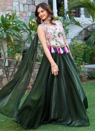 Green Silk Readymade Lehenga Choli In Plain