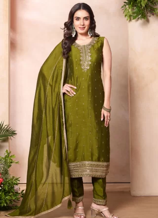 Green Silk Readymade Salwar Suit with Embroidered, Sequins and Zari Work for Festival