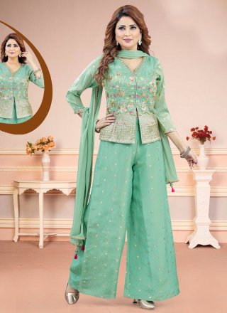 Green Silk Readymade Salwar Suit with Embroidered, Sequins and Zari Work for Women