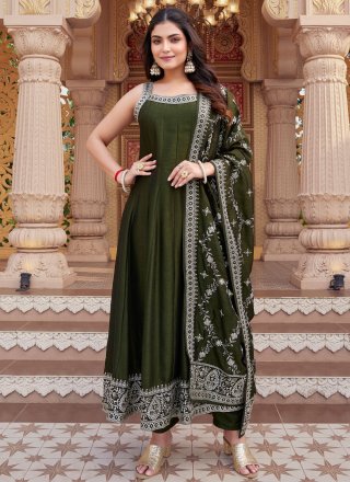 Green Silk Readymade Salwar Suit with Embroidered Work