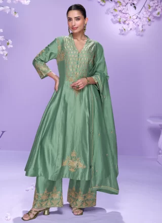 Green Silk Salwar Suit with Embroidered and Zari Work