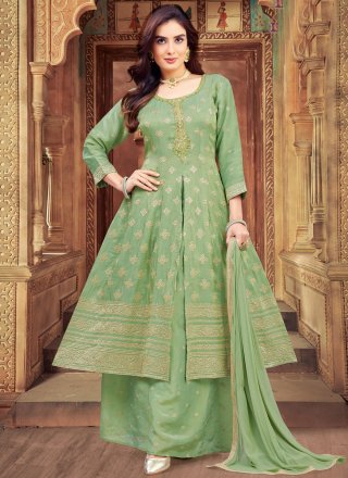 Green Silk Salwar Suit with Embroidered and Zari Work for Engagement