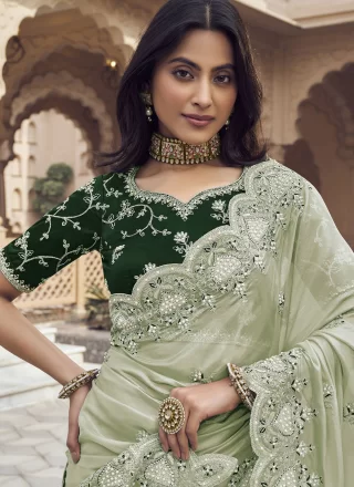 Green Silk Trendy Saree with Beads, Cord, Cut, Embroidered and Thread Work