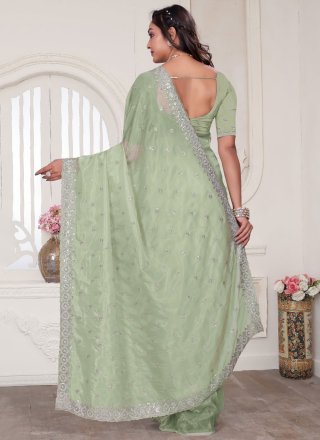 Green Silk Trendy Saree with Embroidered, Resham, Sequins and Zircon Work for Ceremonial