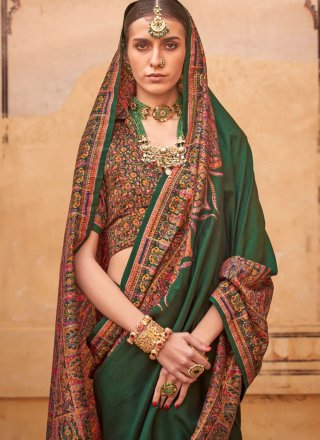 Green Silk Trendy Saree with Paisley Print Work