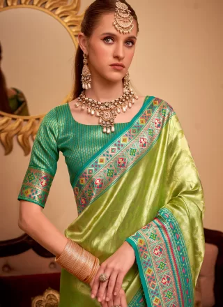 Green Silk Weaving and Zari Work Contemporary Sari for Ceremonial