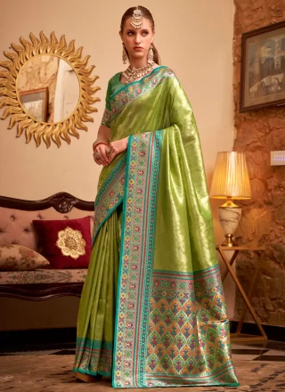 Green Silk Weaving and Zari Work Contemporary Sari for Ceremonial