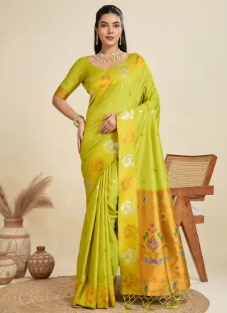 Green Silk Weaving Work Contemporary Sari