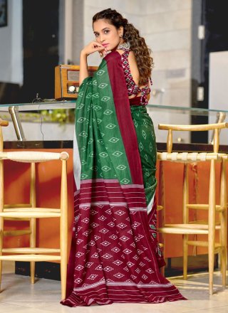 Green Soft Cotton Block Print Work Classic Saree