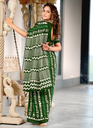 Green Soft Cotton Contemporary Saree with Print Work