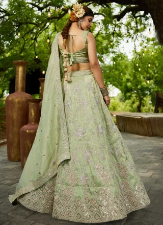 Green Tissue A - Line Lehenga Choli with Embroidered, Sequins and Zari Work