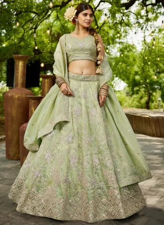 Green Tissue A - Line Lehenga Choli with Embroidered, Sequins and Zari Work