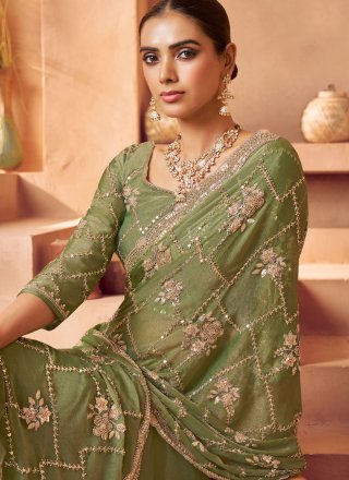 Green Tissue Beads, Cut, Embroidered, Sequins and Zari Work Trendy Saree