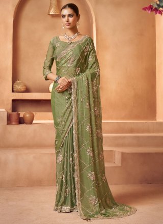 Green Tissue Beads, Cut, Embroidered, Sequins and Zari Work Trendy Saree