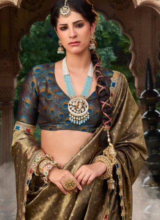 Green Tissue Classic Saree with Patch Border, Fancy, Jacquard and Lace Work for Ceremonial