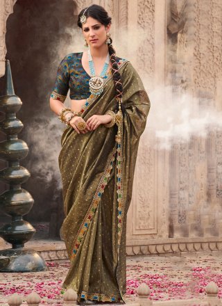 Green Tissue Classic Saree with Patch Border, Fancy, Jacquard and Lace Work for Ceremonial