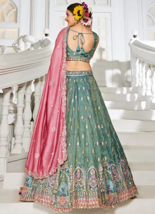 Green Tissue Embroidered, Sequins and Zari Work A - Line Lehenga Choli for Ceremonial
