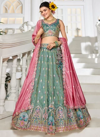 Green Tissue Embroidered, Sequins and Zari Work A - Line Lehenga Choli for Ceremonial