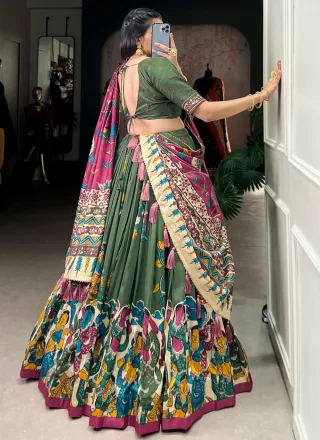 Green Tussar Silk Lehenga Choli with Foil Print Work