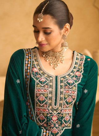 Green Velvet Beads, Embroidered, Sequins and Zari Work Salwar Suit for Ceremonial