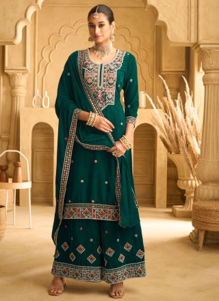Green Velvet Beads, Embroidered, Sequins and Zari Work Salwar Suit for Ceremonial