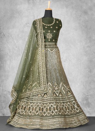 Green Velvet Embroidered and Sequins Work A - Line Lehenga Choli for Engagement