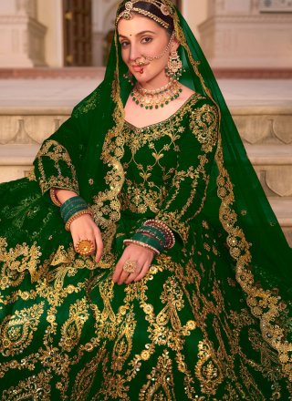 Green Velvet Embroidered and Stone Work Lehenga Choli for Women
