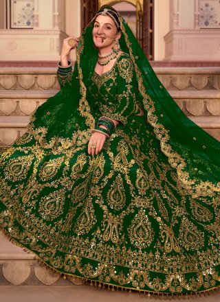 Green Velvet Embroidered and Stone Work Lehenga Choli for Women