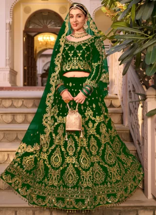 Green Velvet Embroidered and Stone Work Lehenga Choli for Women