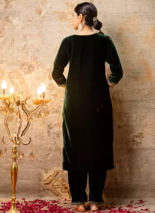 Green Velvet Salwar Suit with Embroidered, Sequins and Zari Work
