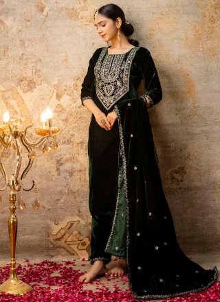 Green Velvet Salwar Suit with Embroidered, Sequins and Zari Work