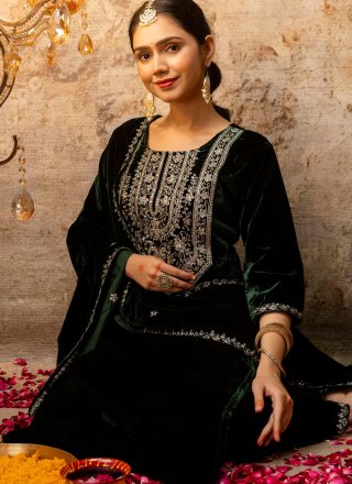 Green Velvet Salwar Suit with Embroidered, Sequins and Zari Work