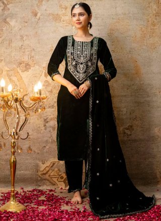 Green Velvet Salwar Suit with Embroidered, Sequins and Zari Work