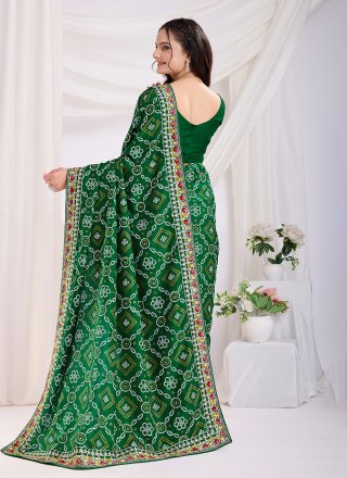 Green Vichitra Silk Embroidered and Print Work Trendy Saree