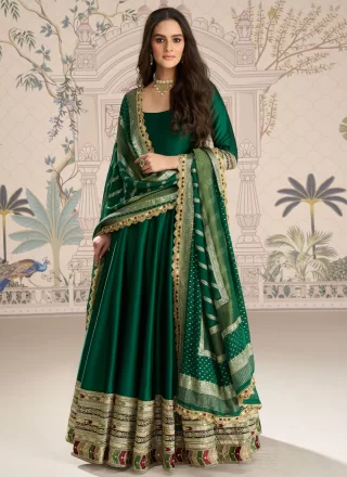 Green Vichitra Silk Embroidered and Sequins Work Gown