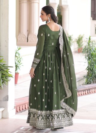 Green Vichitra Silk Embroidered, Sequins and Zari Work Gown
