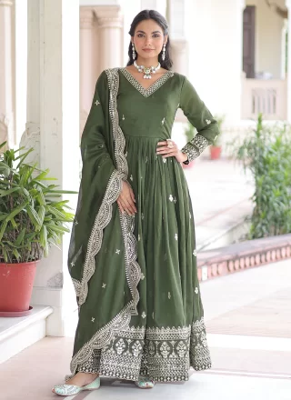 Green Vichitra Silk Embroidered, Sequins and Zari Work Gown
