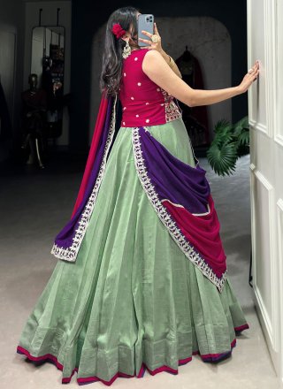 Green Vichitra Silk Plain Work A - Line Lehenga Choli for Festival